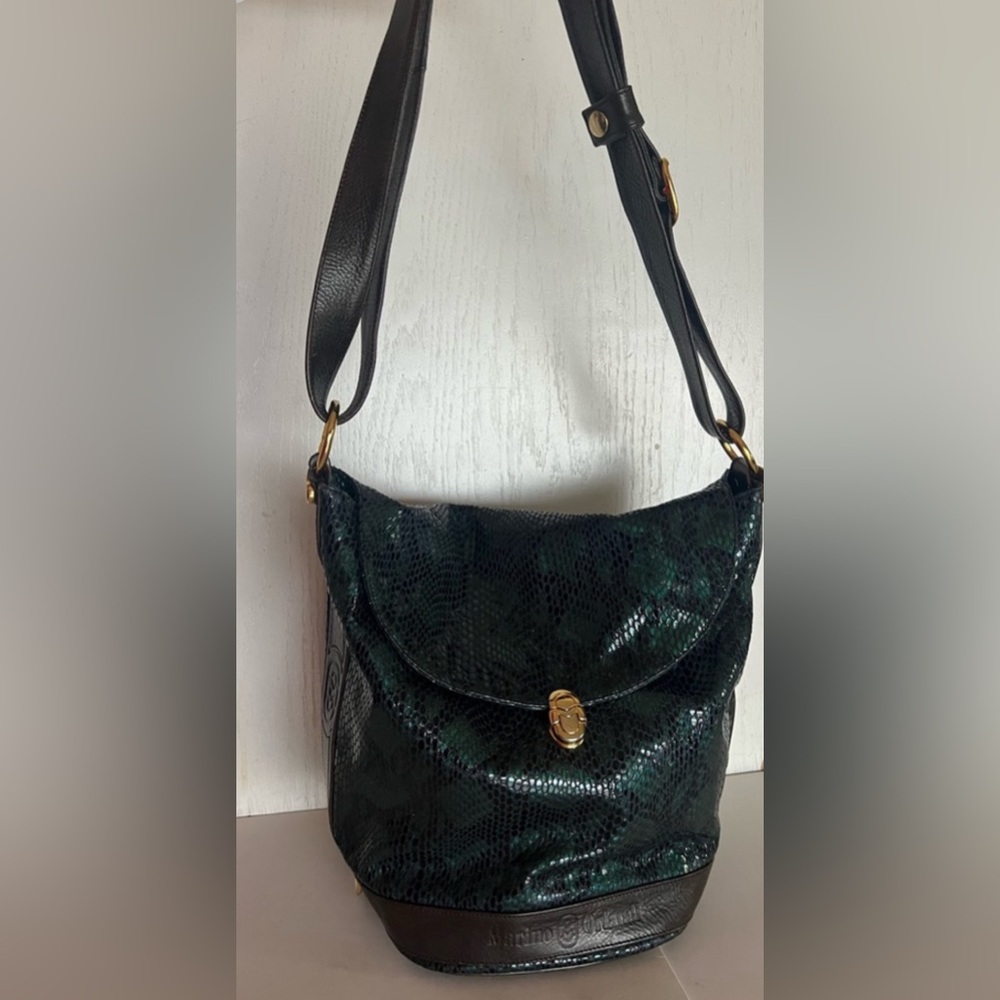Marino Orlandi Snakeskin Embossed Black Italian Leather Sling Bucket Bag